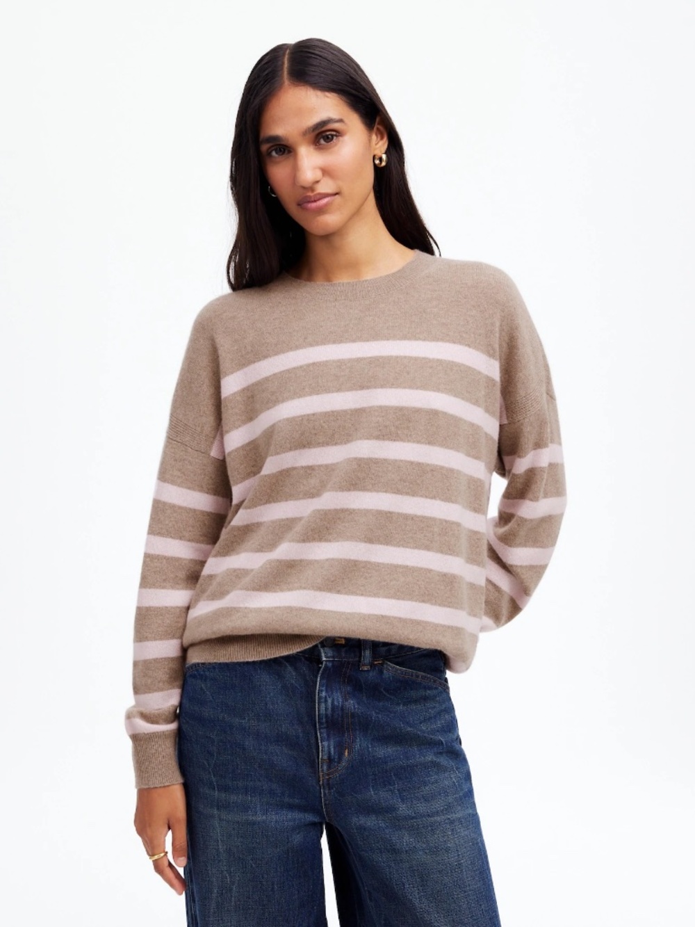 Madewell 100% Cashmere Relaxed Crewneck Sweater Hthr Mink Stripe Pink Tan XS
